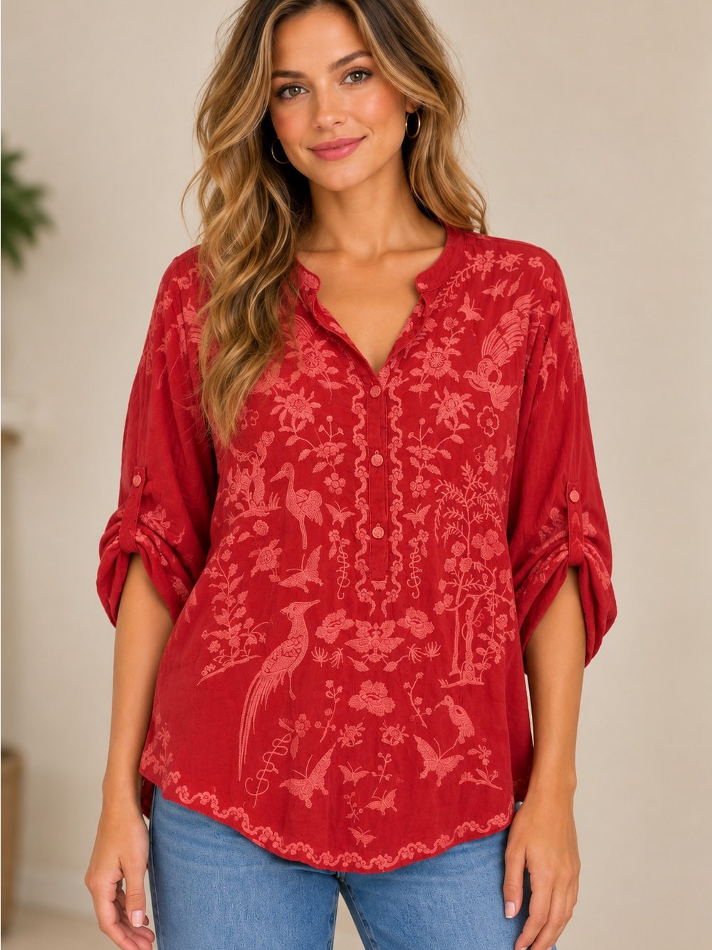 Johnny Was Red Embroidered Bird Floral Tunic Blouse Size M